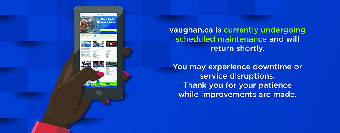 Hand holding a phone displaying the Vaughan.ca homepage